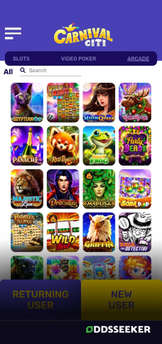 A screenshot of the mobile casino games library page for Carnival Citi